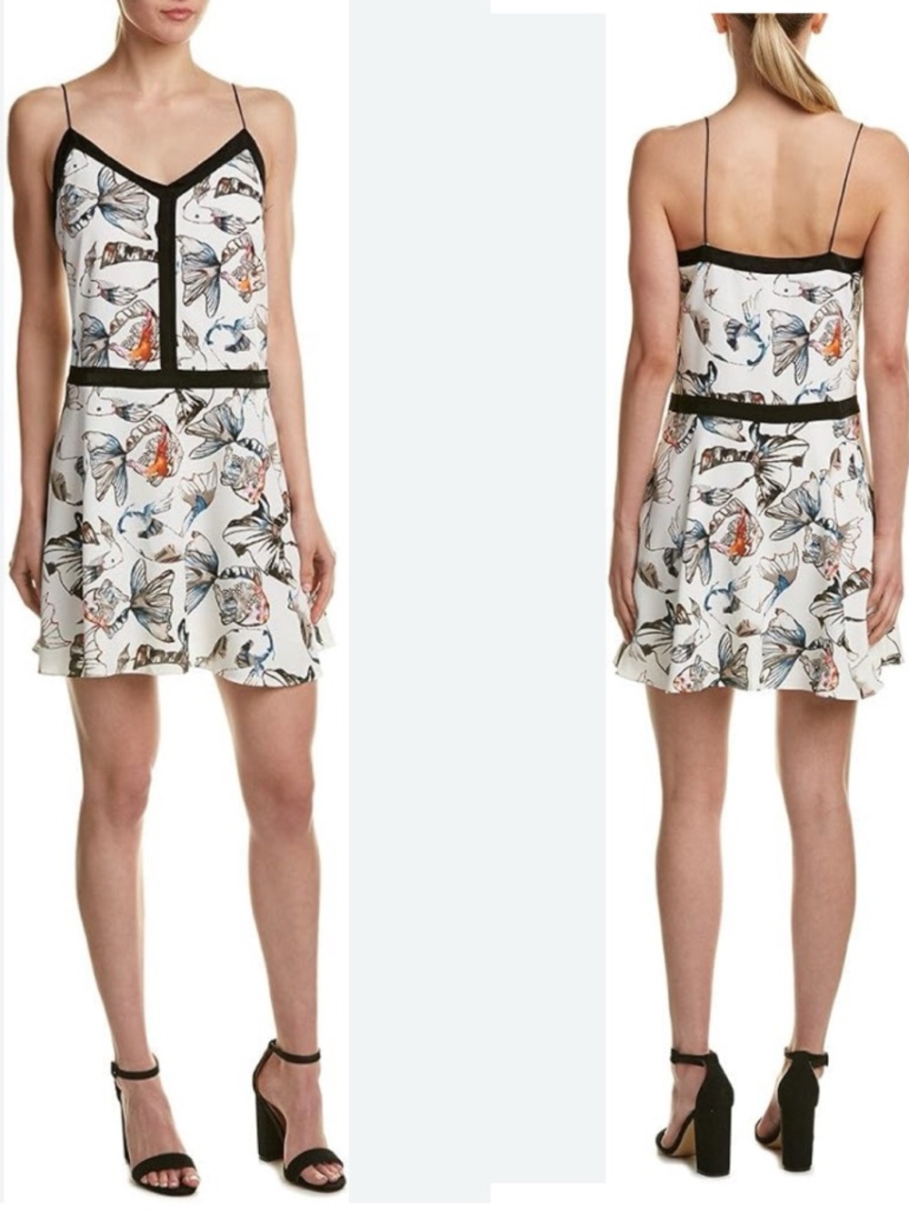 cooper & ella White Butterfly Print V-Neck Slip Dress with Black Trim S